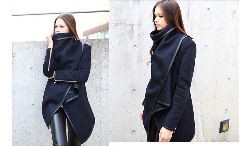 F66151 Coat Asymmetric PU Edge Zipper Cuffs Warm Jacket Outerwear Dark Blue